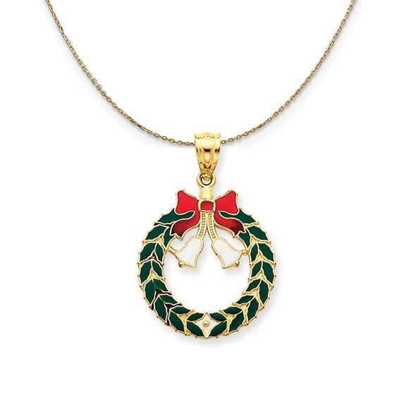 14k Yellow Gold Enameled Christmas Wreath Necklace - 24 Inch